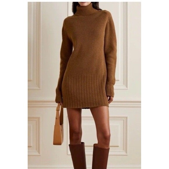 Nili Lotan Size L Everett Brown Wool Cashmere Turtleneck Sweater Dress - Picture 1 of 16